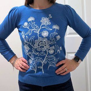 LOFT Floral Embroidered Puff Sleeve Sweater
